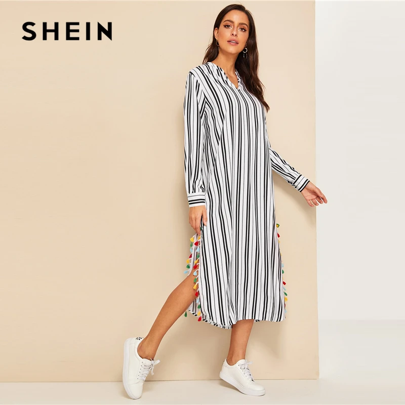 SHEIN Платье-туника в полоску с v-образным вырезом и кисточками сбоку, женское платье с длинным рукавом на весну и осень, черно-белое платье с v-образным вырезом