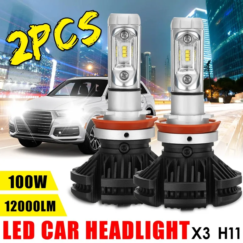 

Autoleader 2Pcs X3 H11 Car LED Headlight Light Auto 100W 12000LM DC12-24V Aluminum White 6000K Headlight Bulbs Lamps Lights