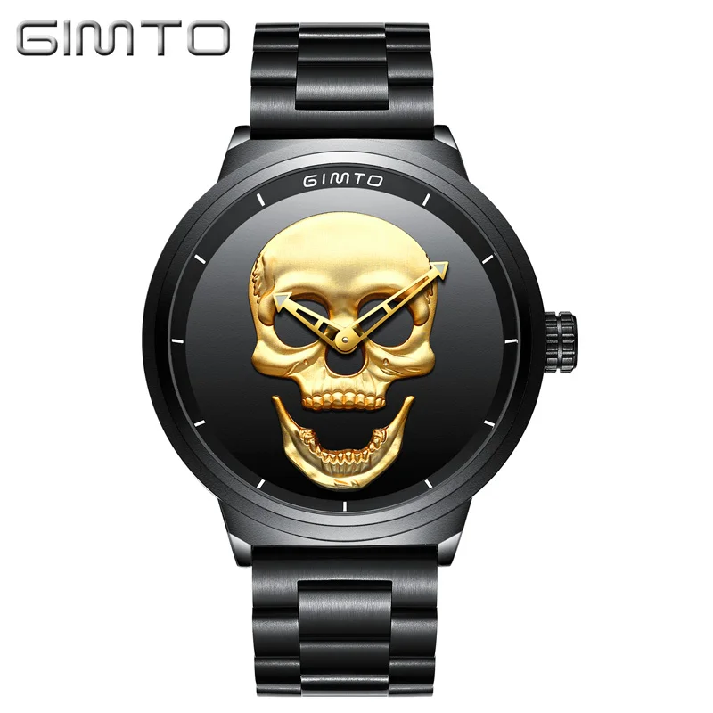 

Watch GIMTO Male Unique Design Skull Watches Men Luxury Brand Sports Quartz Military Steel Wrist Watch Men relogio masculino