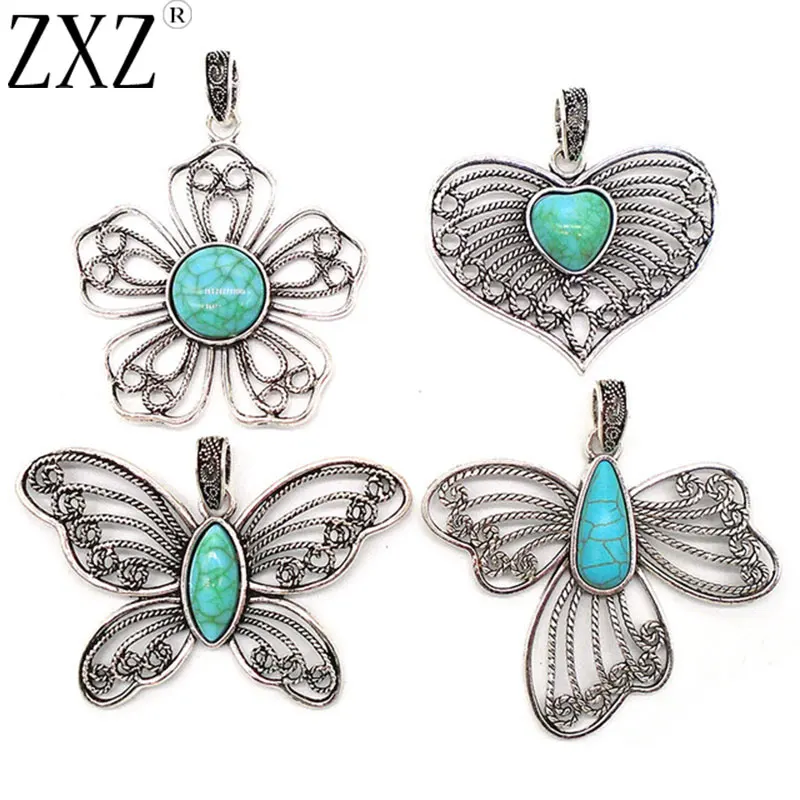 

ZXZ 2pcs Antique Silver Filigree Hollow Large Heart Butterfly Flower Charms Pendants for Jewelry Making Findings