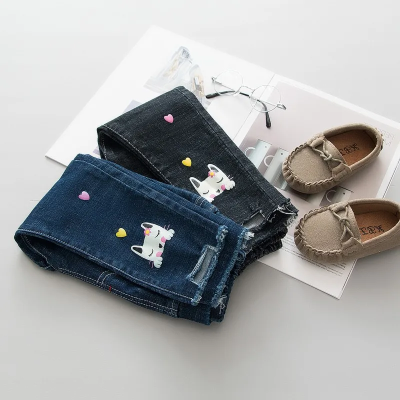 

DZIECKO Baby Girls Jeans Denim Cartoon Pants Cowboy Baby Autumn Spring Children Hole Broken Jeans For 2-8T Girls Clothing Jeans