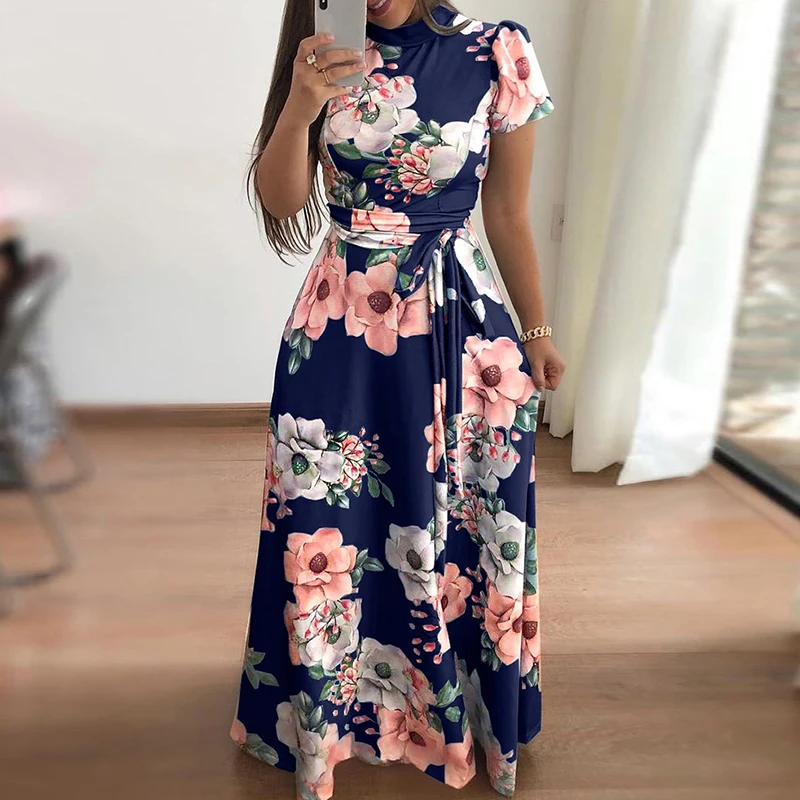 BBYES Autumn Fashion Floral Print Belt Stand Collar Short Sleeve Long Dress Vintage Maxi Dress
Casual Party Dresses Vestidos