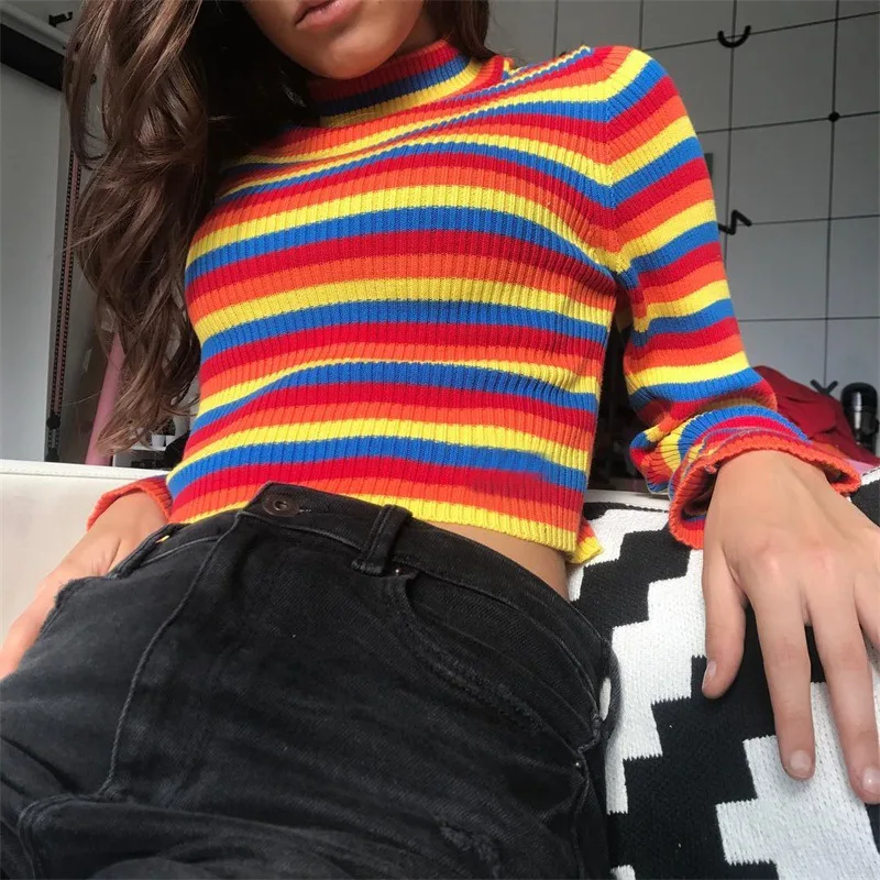 

Runway 2019 Autumn Knitted Mock Neck Striped Sweaters Women Rainbow Fashion Crop Tops Long Sleeve Blouse Winter Pullovers