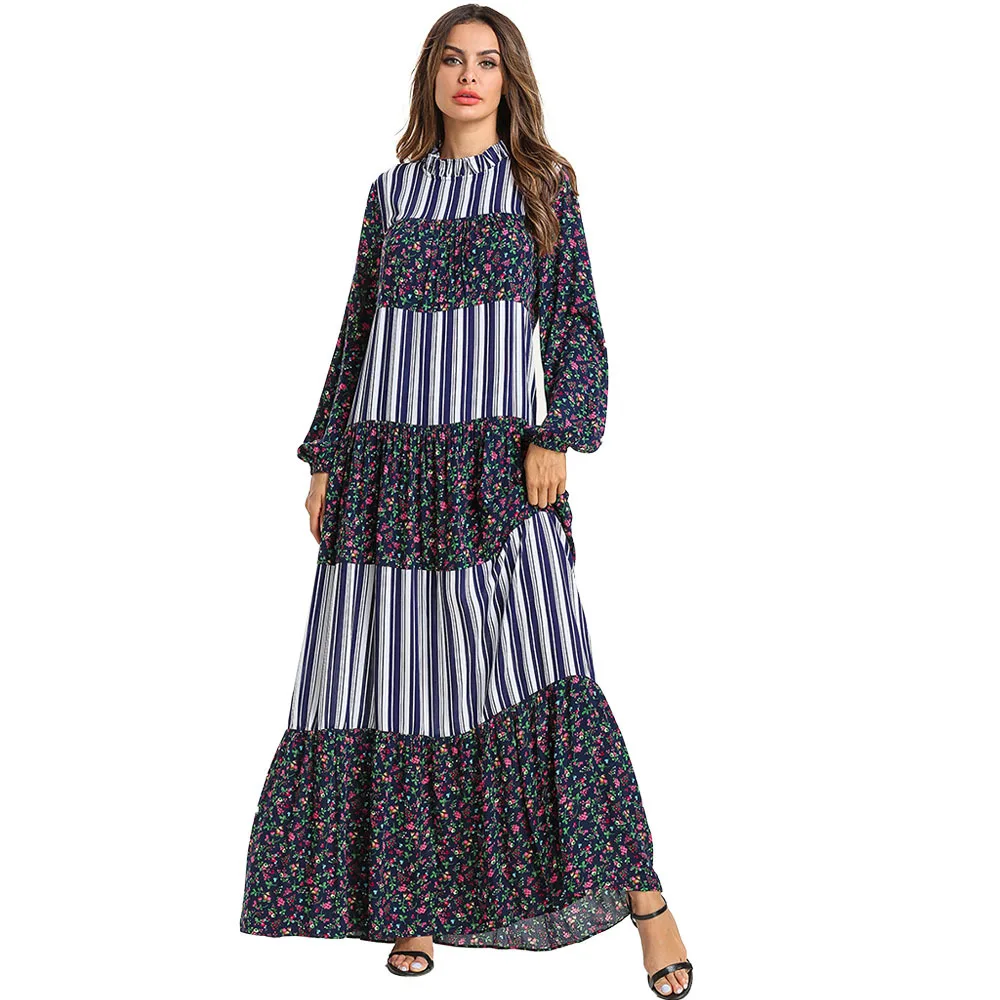 

Elegant Long Floral Boho Dress Women Long Sleeves Muslim Evening Party Dress Ladies Striped Patchwork Swing Summer Dress Robe