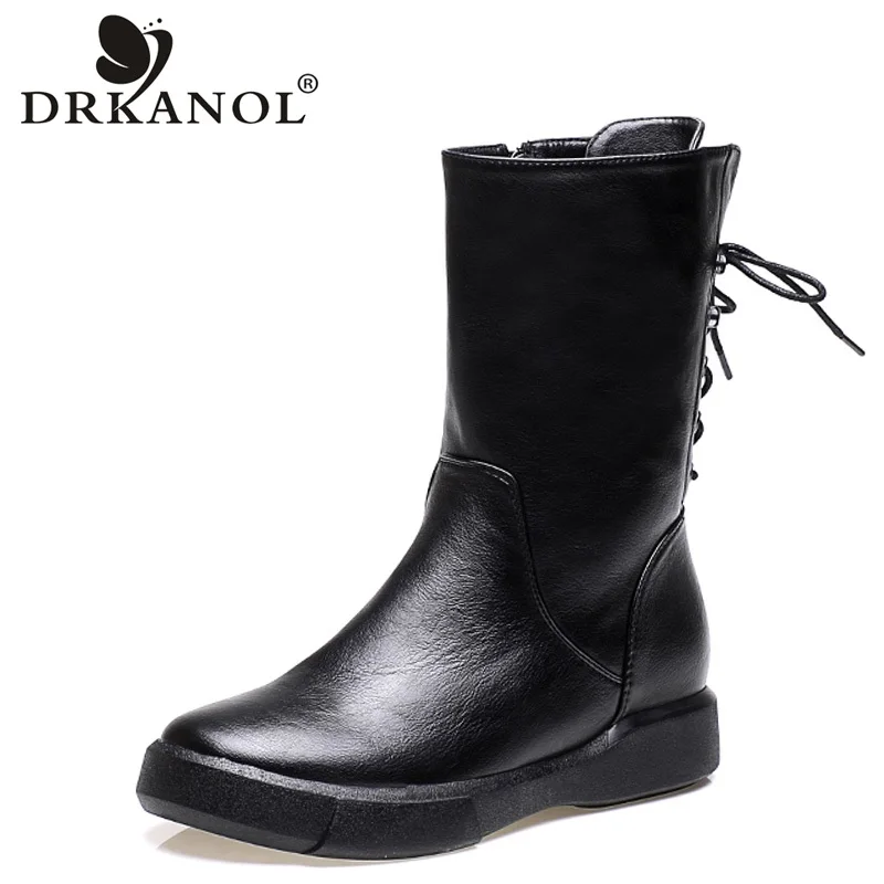 Tanie DRKANOL 2019 jesień zima motocykl buty w stylu Vintage PU skóra płaskie połowy łydki buty damskie kobiet krzyż wiązane futro śnieg buty h6092