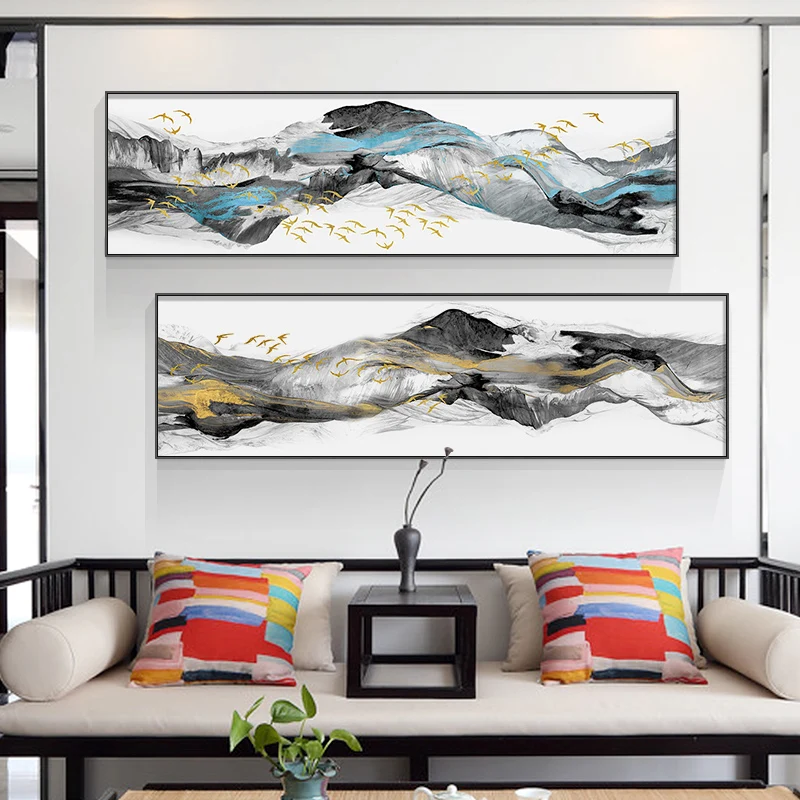 New chinese style Mountains golden blue banners Canvas painting poster n prints Bedside Wall Art Posters For Living Room Bedroom
