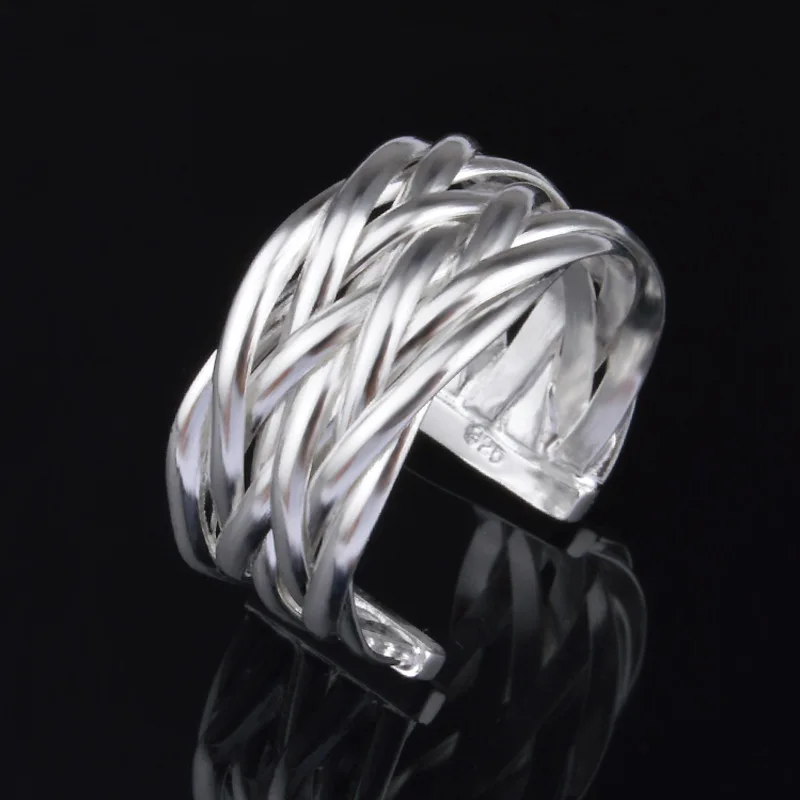 Dames Zilveren Ring Fashion Silver Men's Wedding Band Anel Masculino Net Weaves Cross Bijoux Opening Finger Rings | Украшения и
