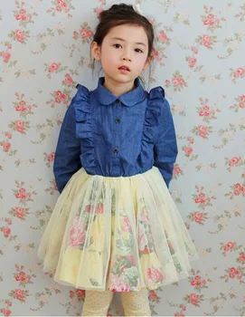 

Girls Korean Long-sleeved Cowboy Children's Princess Dress Flower Lotus Leaf Veil Kids Clothing Pink Yellow