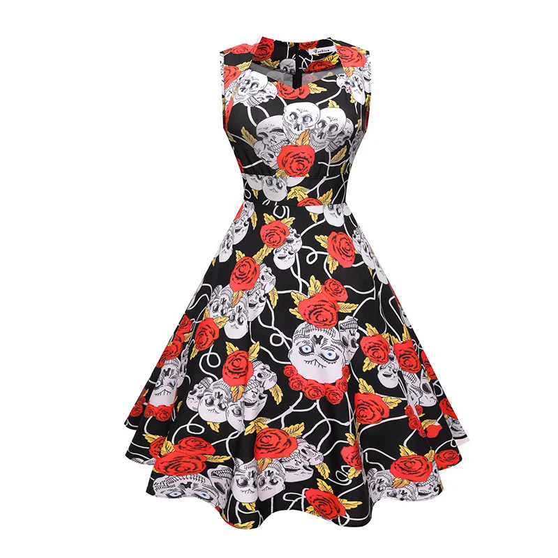 

Joansam Summer Skull Roses Party Dress for Female Rockabilly Vintage Retro Hepburn 50's 60s Women's Dresses Clothes