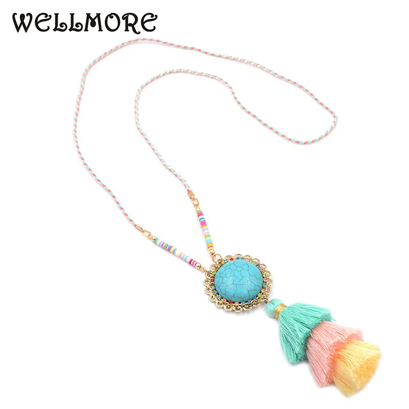 

wellmore 2017 Colorful Bohemian Tassel Statement Necklace Stone Rope chain pendant necklaces for women jewelry wholesale NE0005