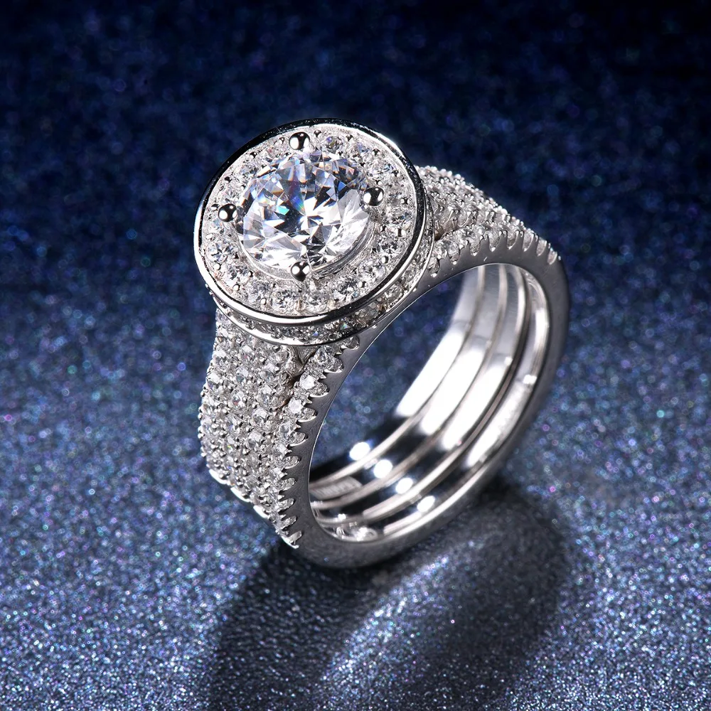 Women Ladies Real Solid 925 Sterling Silver CZ HALO Bridal Wedding Ring Band Set