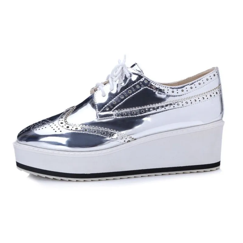 Plus Size 32-48 Women Pumps Oxfords Fashion Patent Leather Wedges Women Shoes Black Silver Lace Up Ladies Brogue Shoes High Heel (7)