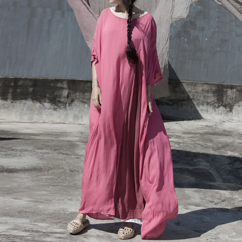 

Johnature Women Vintage Dress Red Robes 2019 Summer New O-Neck Short Sleeve Plus Size Women Cloths High Quality Rayon Dress