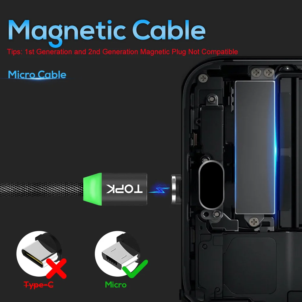 TOPK новые Модернизированный Светодиодный магнитный кабель Micro USB для быстрой