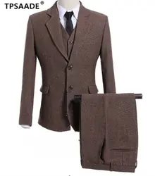 2018 последние конструкции пальто брюки коричневый твид мужской костюм Slim Fit Для мужчин костюмы смокинг на заказ жениха Блейзер Костюмы для