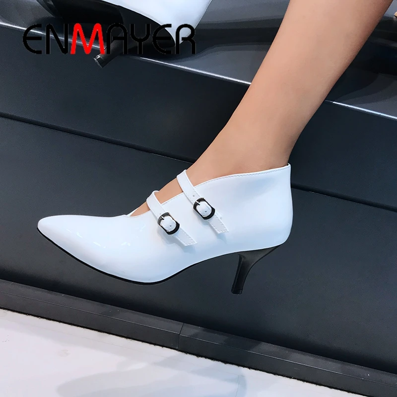 

ENMAYER 2019 Women High Heel Pointed Toe Women Heels Casual Slip-On PU Women Solid Shoes Size 34-43 LY1878