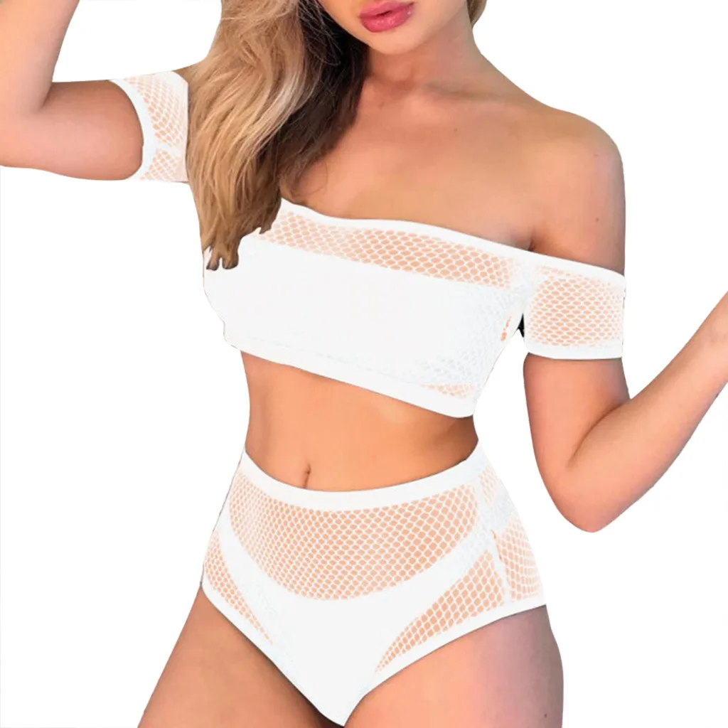 

SAGACE Solid Sexy Tube Top Hollow Out Bikini Four Pieces Mesh Cloth Cover Up Beachwear For Women Female Girls 2019 Summer
