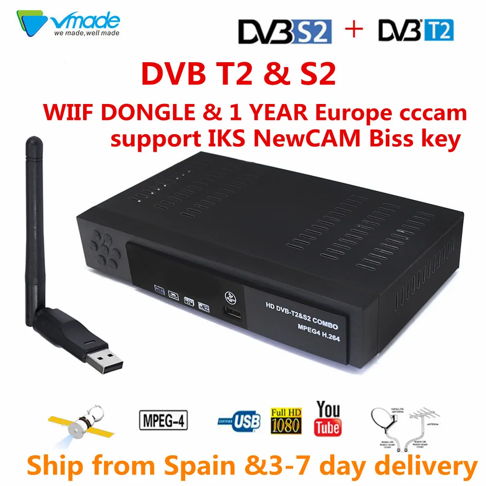 

1 year Europe 7 Clines DVB-S2 & dvb t2 combo Digital Satelite receiver T2&S2 8902 V7S Full HD 1080P + WI-FI USB Atualiza Freesat