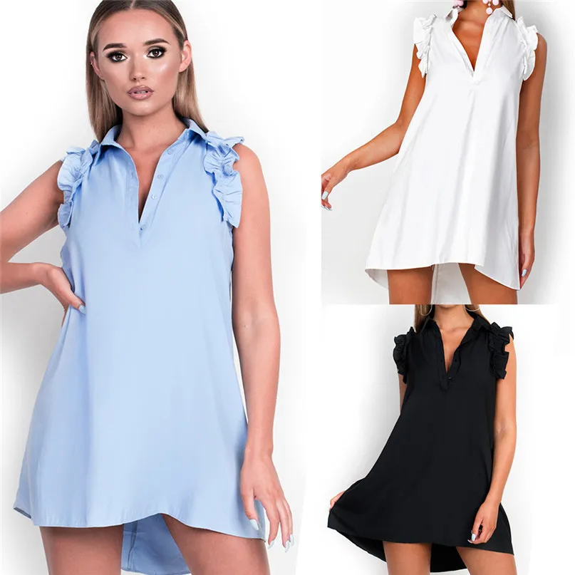 2018 Summer A-Line dress Women Beach Dress V-Neck Solid Chiffon Sleeveless Button Short Mini Dress Casual Ruffles #3j03#F (5)