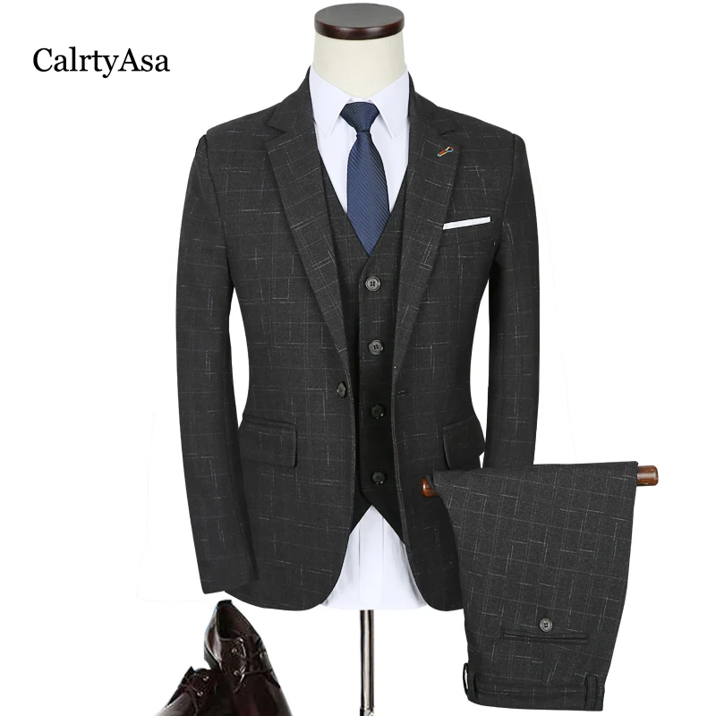 Calrtyasa Для мужчин S 3 предмета костюм (куртка + жилет + брюки) плед Slim Fit цвет: черный, синий модные Для мужчин костюмы Slim Fit Свадебное платье для