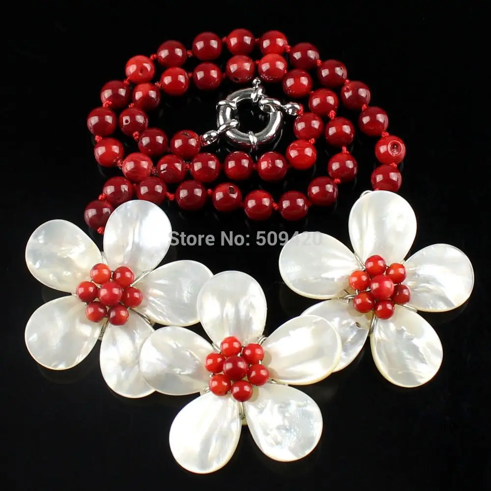 

Wholesale> K59895 42x14mm Red coral shell flower pendant necklace