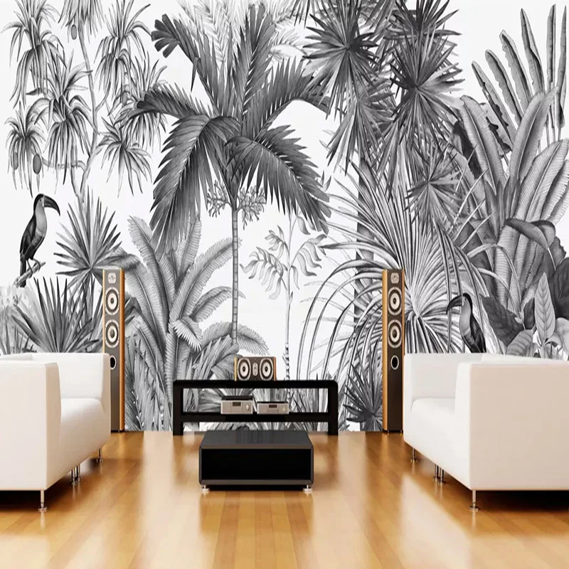 

3D Wallpaper European Style Retro Nostalgic Hand-painted Coconut Tree Toucan Jungle Mural Living Room Background Wall 3D Fresco