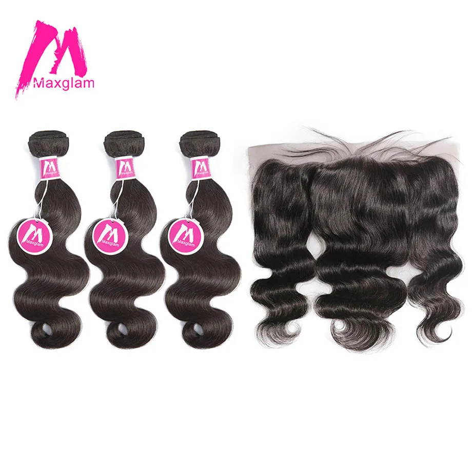 

Maxglam Brazilian Hair Weave Bundles With Frontal Body Wave 3 Remy Human Hair Bundles with Lace Frontal Closure Free Shipping