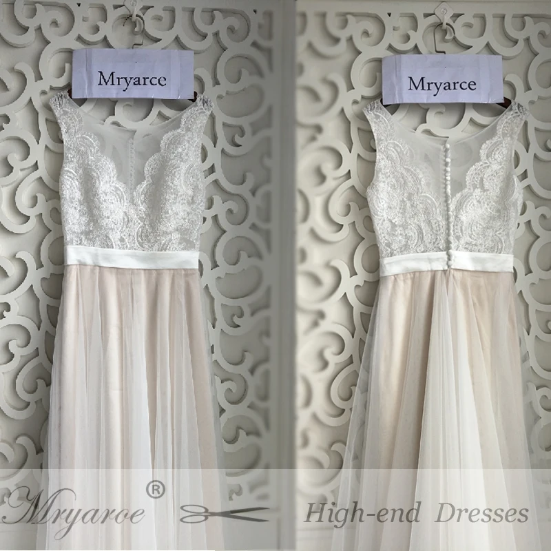 2017 Beach Wedding Dresses Illusion Neckline Lace Appliques Sleeveless Flowy Tulle Summer Wedding Dress Bridal Gowns With Button (1)