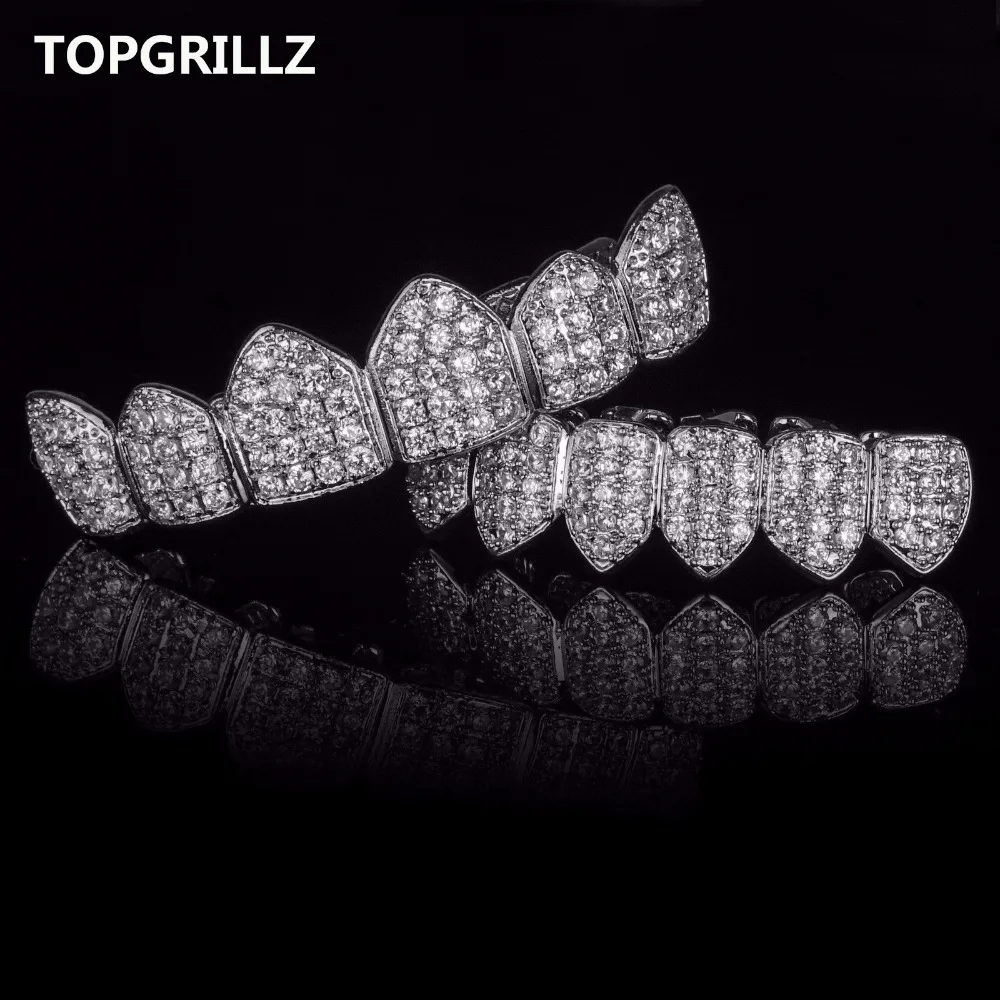  TOPGRILLZ Gold Color Plated Hip Hop Grillz High Quality Micro Pave CZ Top & Bottom GRILLZ Mouth Tee