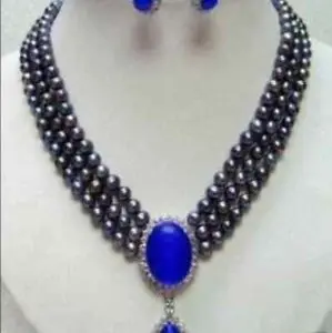 

Free shipping Rare black 6-7mm pearl necklace jade pendant earring AA0077 set