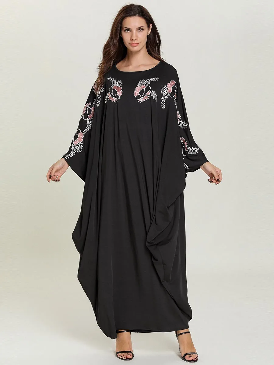 Этническая вышивка рукав "летучая мышь" мусульманское платье повседневное Рамадан Дубай марокканские халаты Женская мода исламский абайя VKDR1672