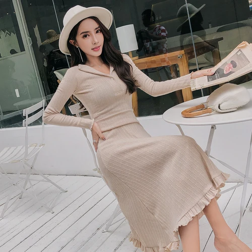 

2018 autumn winter Fashion Pink Women Sweater Dress Fall Winter Knitting Long Sleeve Casual Slim Soft Ruffles pleated Dress