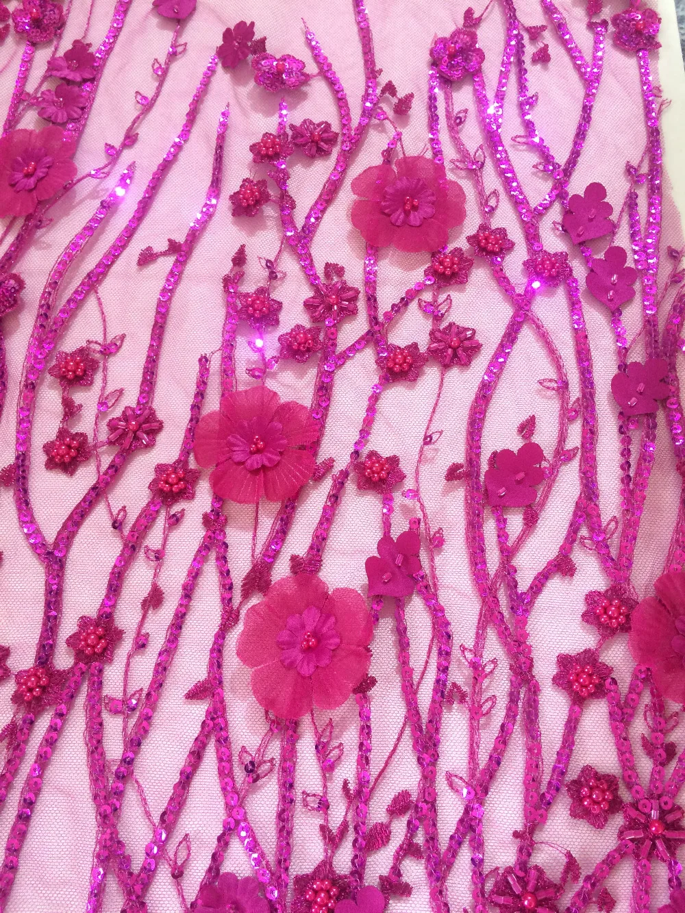 

free shipping 3d lace fabric sequins embroidered appliqued tulle mesh lace fushia pink green red for full dress