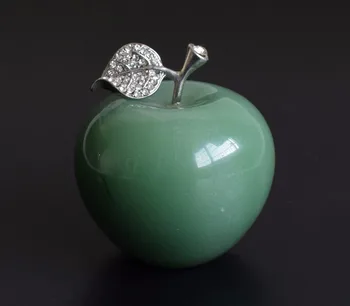 

65 MM Diameter Natural Chakra Green Aventurine Carved Crystal Reiki Healing Apple Statue with Alloy Leaf for Home Decoration