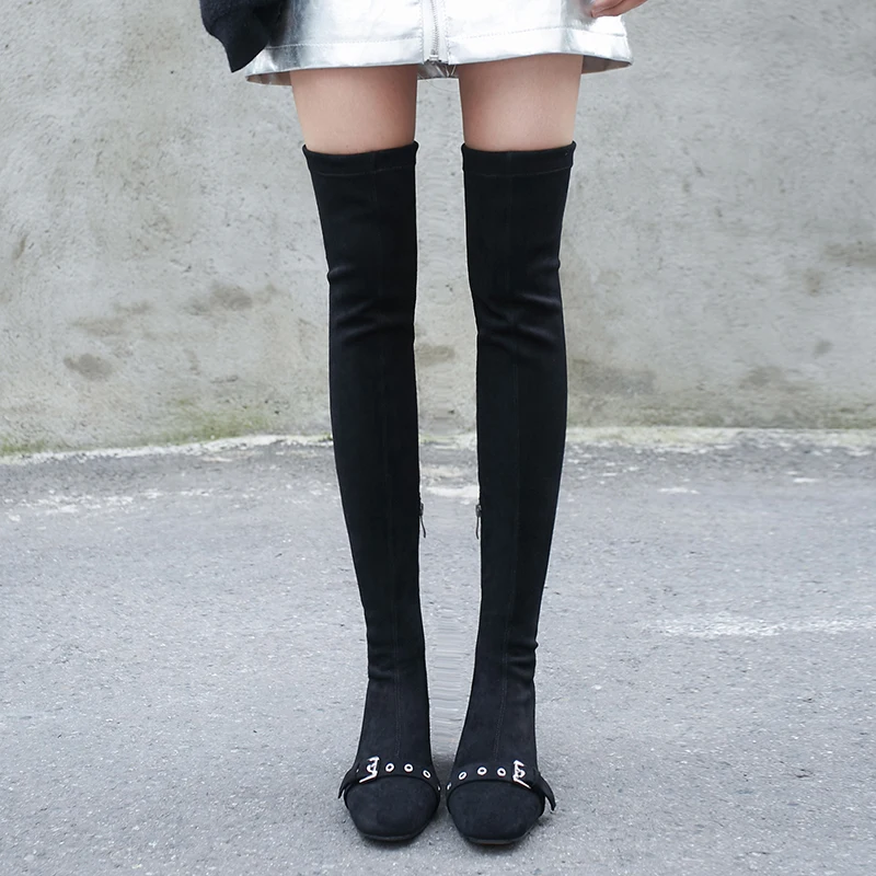 EshtonShero Over The Knee Boots Shoes Women Square High Heel Buckle Elastic Band Fashion Woman Ladies Motorcycle Boots Size 3-11