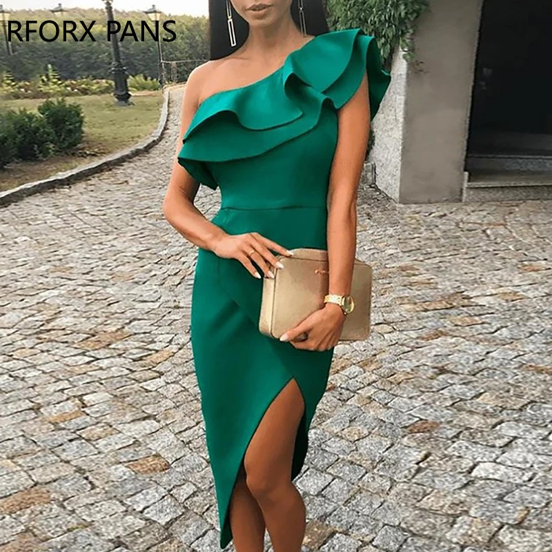 

One Shoulder Ruffles Design Slit Party Dress