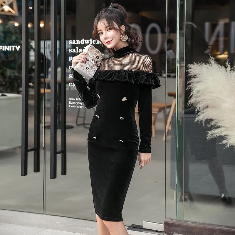 

Elegant Ladies Black Sexy Mesh Hollow Out Pencil Pants Buttons Ruffles Slim Women Dresses Office Bodycon Turtleneck Knee Dress