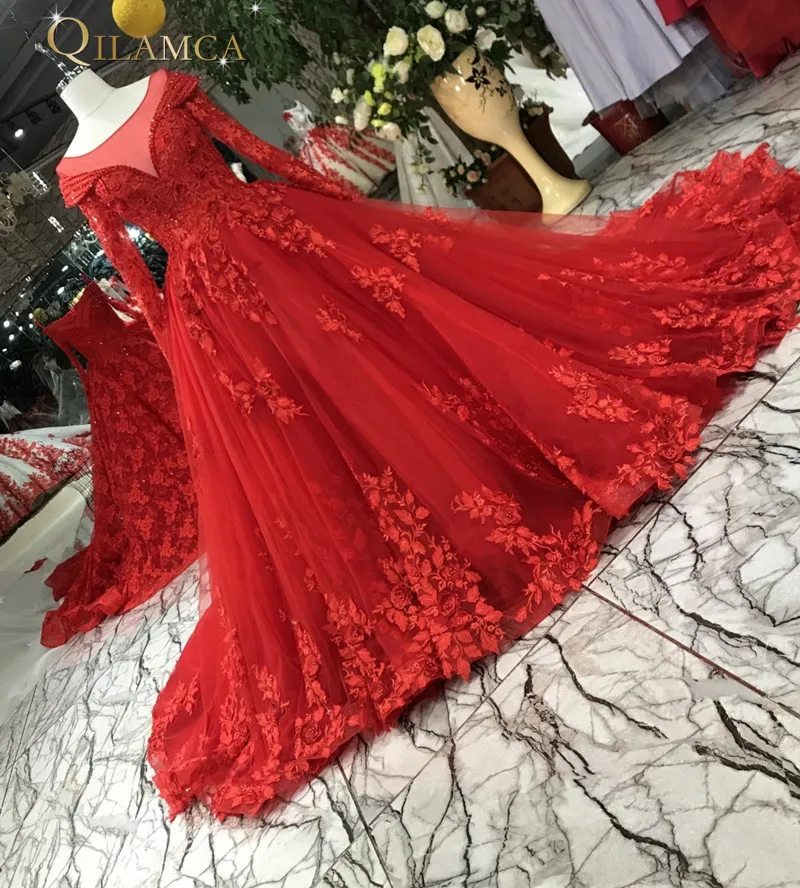 red long sleeve lace gown