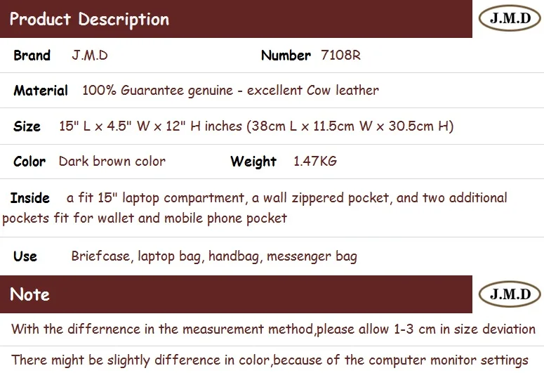J.M.D брендовый мужской классический темно-коричневый Простой деловой портфель для ноутбука сумка через плечо сумка 7108R