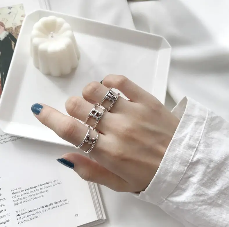 

925 Sterling Silver Letter K H W Rings for Women New Design Lovely Girls Christmas Gift double line Jewelry Adjustable Size Ring