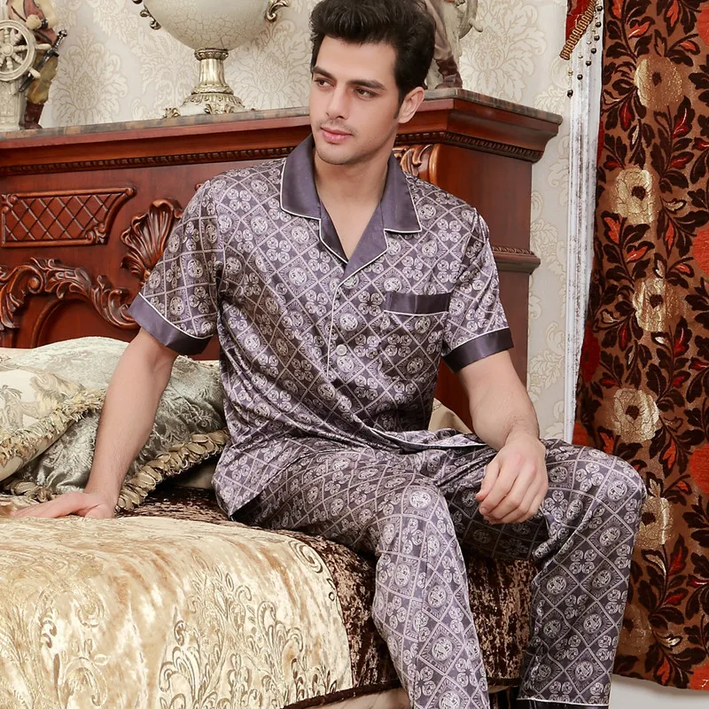 Мужская одежда для сна с короткими рукавами, 2 предмета, шелковые пижамы для взрослых, мужская летняя Домашняя одежда, домашний костюм с
