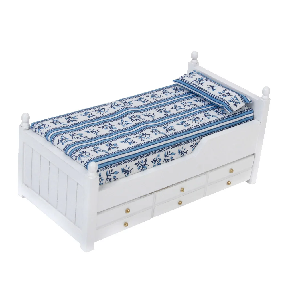 Mini Wooden Bed with Drawer for 1/12 Dolls House Miniature Bedroom Furniture Decor