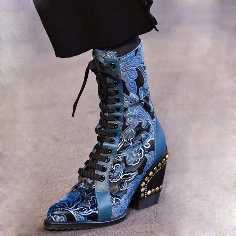 Altos Relieve Cuero De Floral Remaches Mujer Espárragos Tacones Tobillo Damas Blue Botas Martin Mujeres Chunky Espana Las En brown Bottines OXqY1