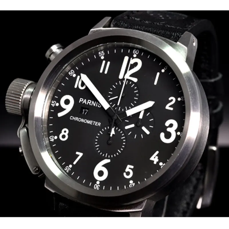 NEW Arrive 50mm Black Dial White marks Chronograph Steel Case Quartz