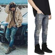 England Style mens slp blue Strech ripped biker jeans skinny light Distressed kanye west hip hop streetwear swag pants