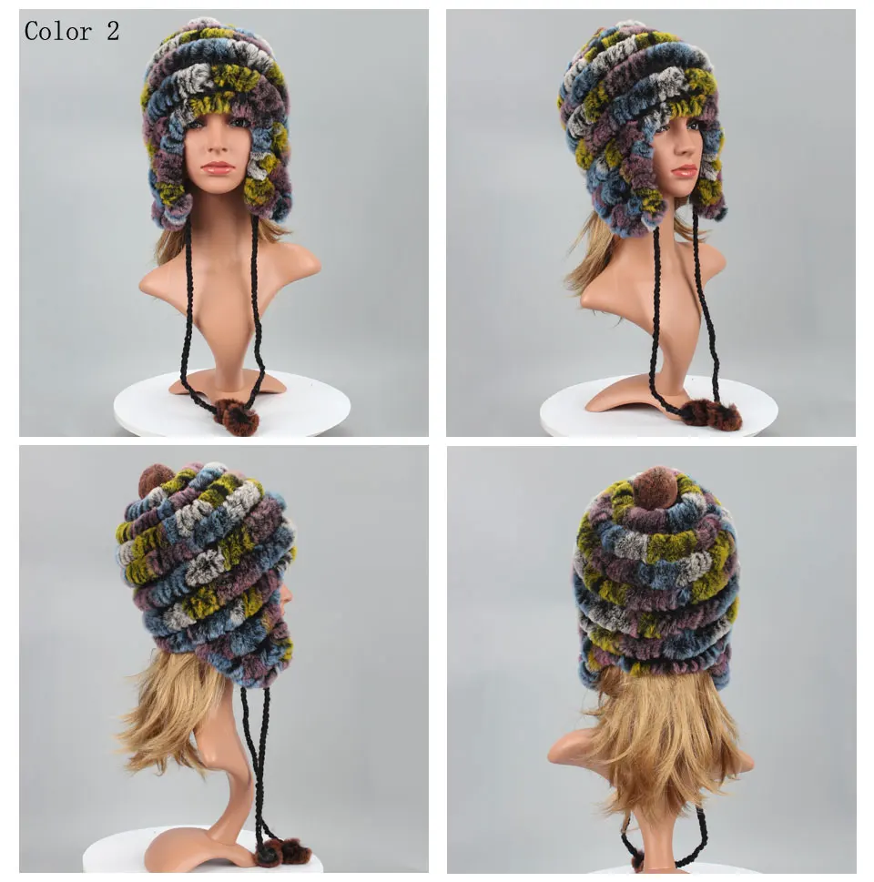 ICYMI, женские зимние шапки, шапка из настоящего меха с помпонами, полосатая повседневная женская шапка, для русских девушек, женская шапка из меха кролика рекс