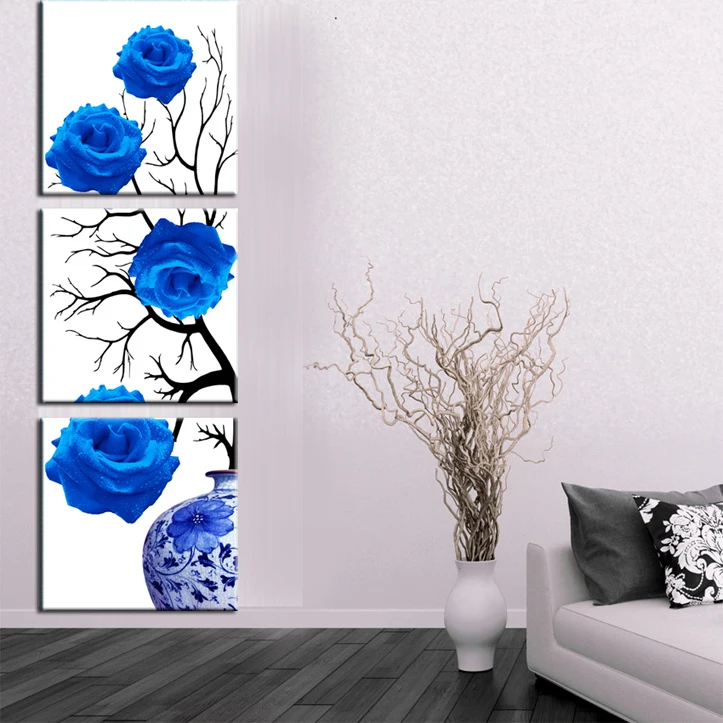 Unframed 3 Pieces Blue Flower Printed Canvas Oil Painting Living Room