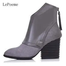 Genuine Leather Wedge Boots 2016 Autumn Winter Full Grain Leather High Heel Boots Black Rue Gray