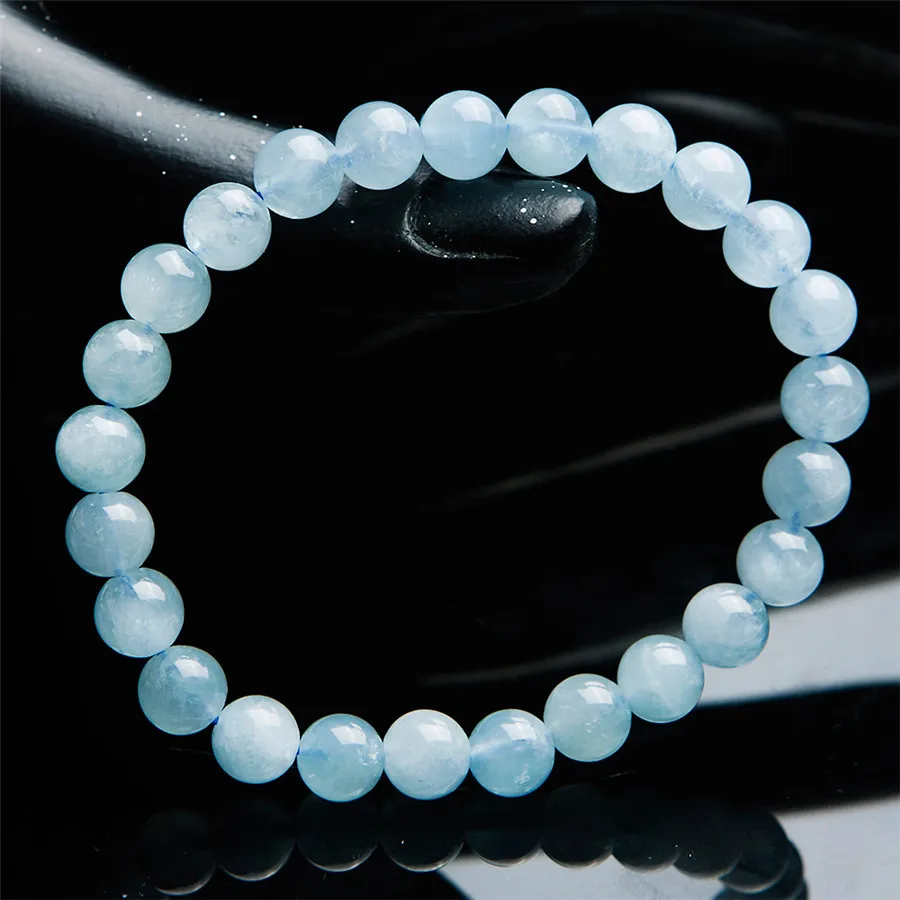 Genuine Natural Blue Aquamarine Bracelet Women Female Stretch Round Bead 7mm Crystal Bracelet Fashion Healing Stone (6)