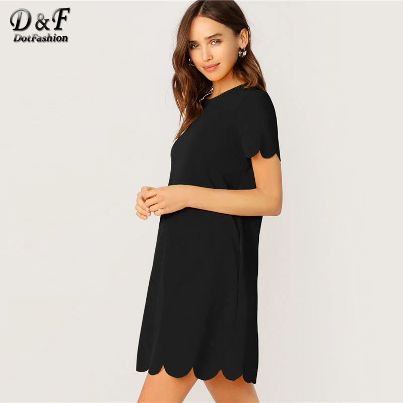 Dotfashion Black Solid Scallop Edge Tunic Dress Women Summer Casual Short Sleeve Dresses Ladies Fashion Straight Dress